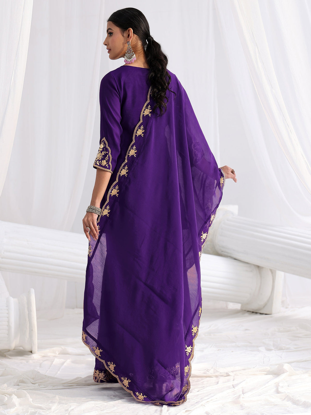 Anouk Royal Purple Floral Embroidered Chanderi Cotton Sharara Suit Set