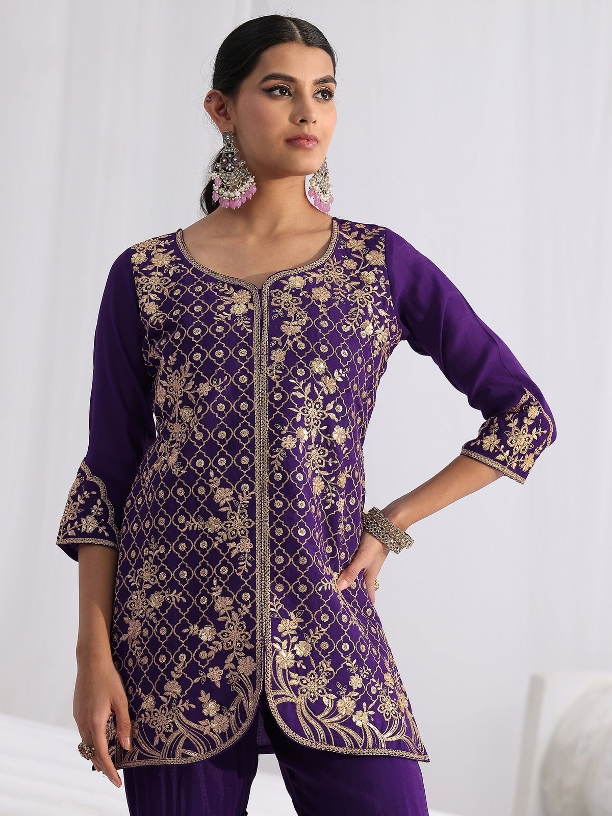 Anouk Royal Purple Floral Embroidered Chanderi Cotton Sharara Suit Set