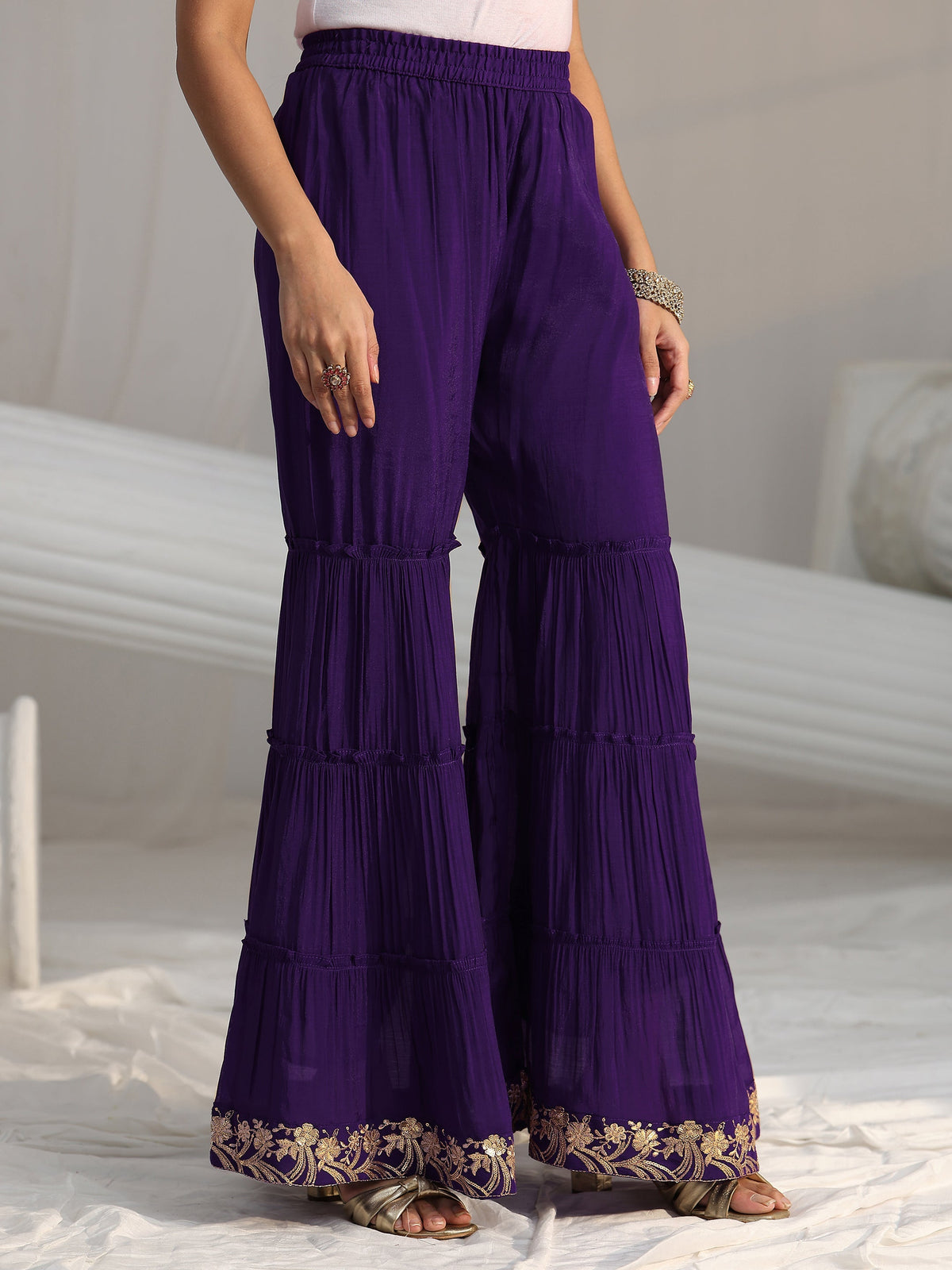 Anouk Royal Purple Floral Embroidered Chanderi Cotton Sharara Suit Set