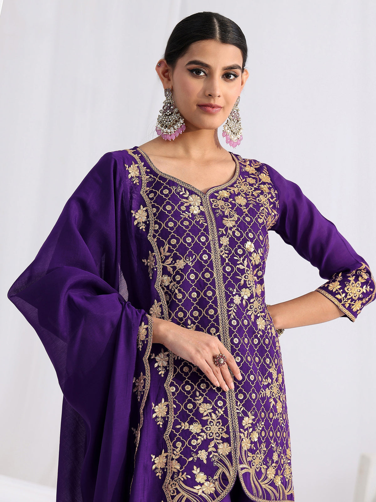 Anouk Royal Purple Floral Embroidered Chanderi Cotton Sharara Suit Set