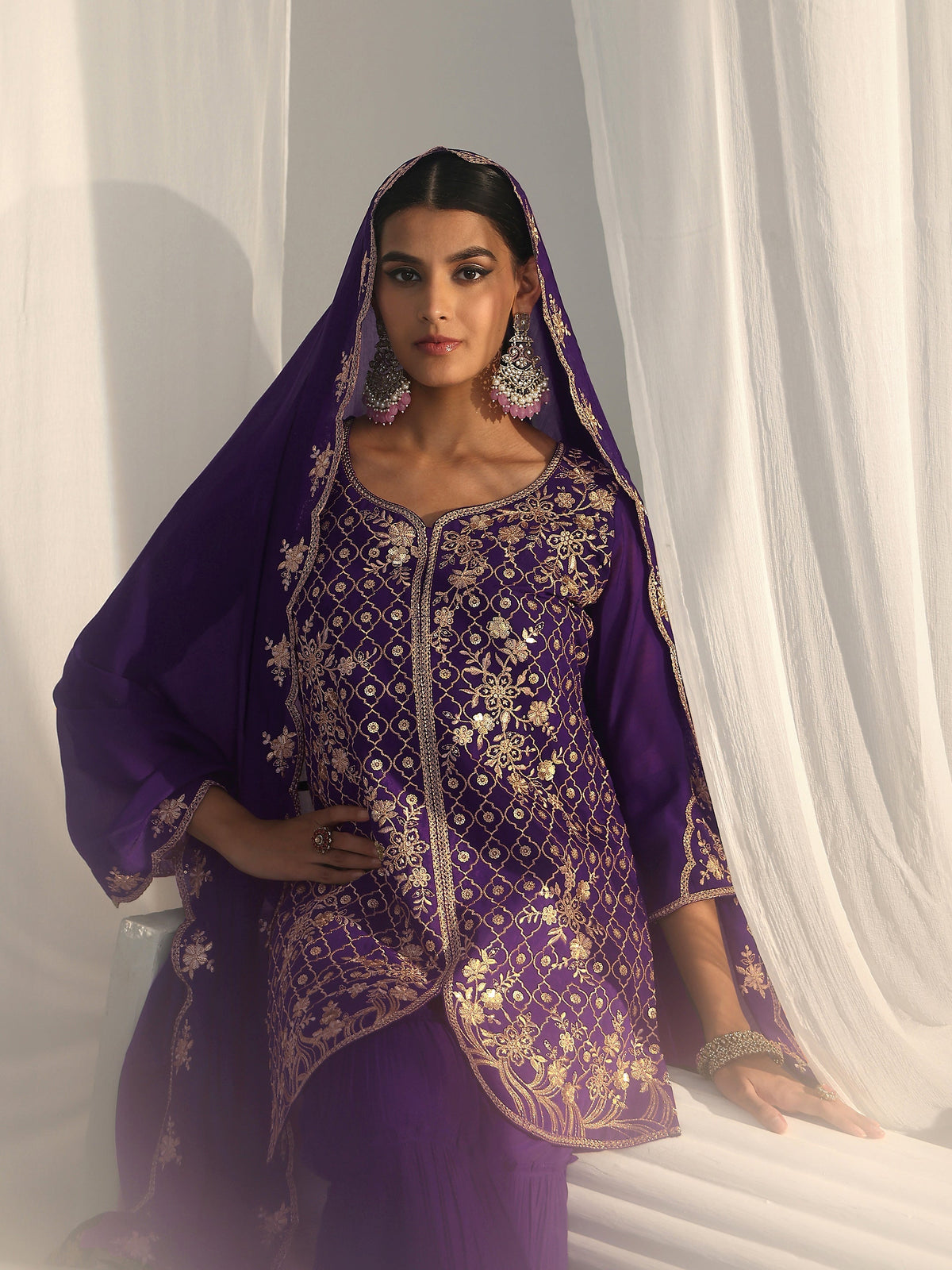 Anouk Royal Purple Floral Embroidered Chanderi Cotton Sharara Suit Set