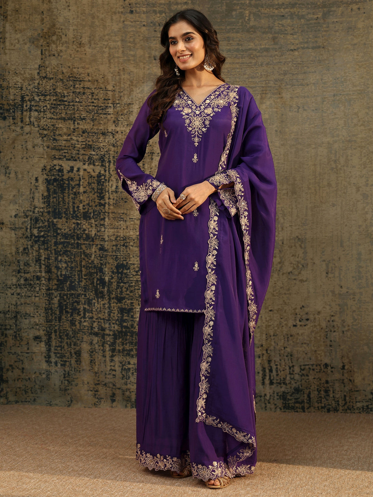 Anouk Aubergine Purple Floral Embroidered Chanderi Cotton Palazzo Suit Set