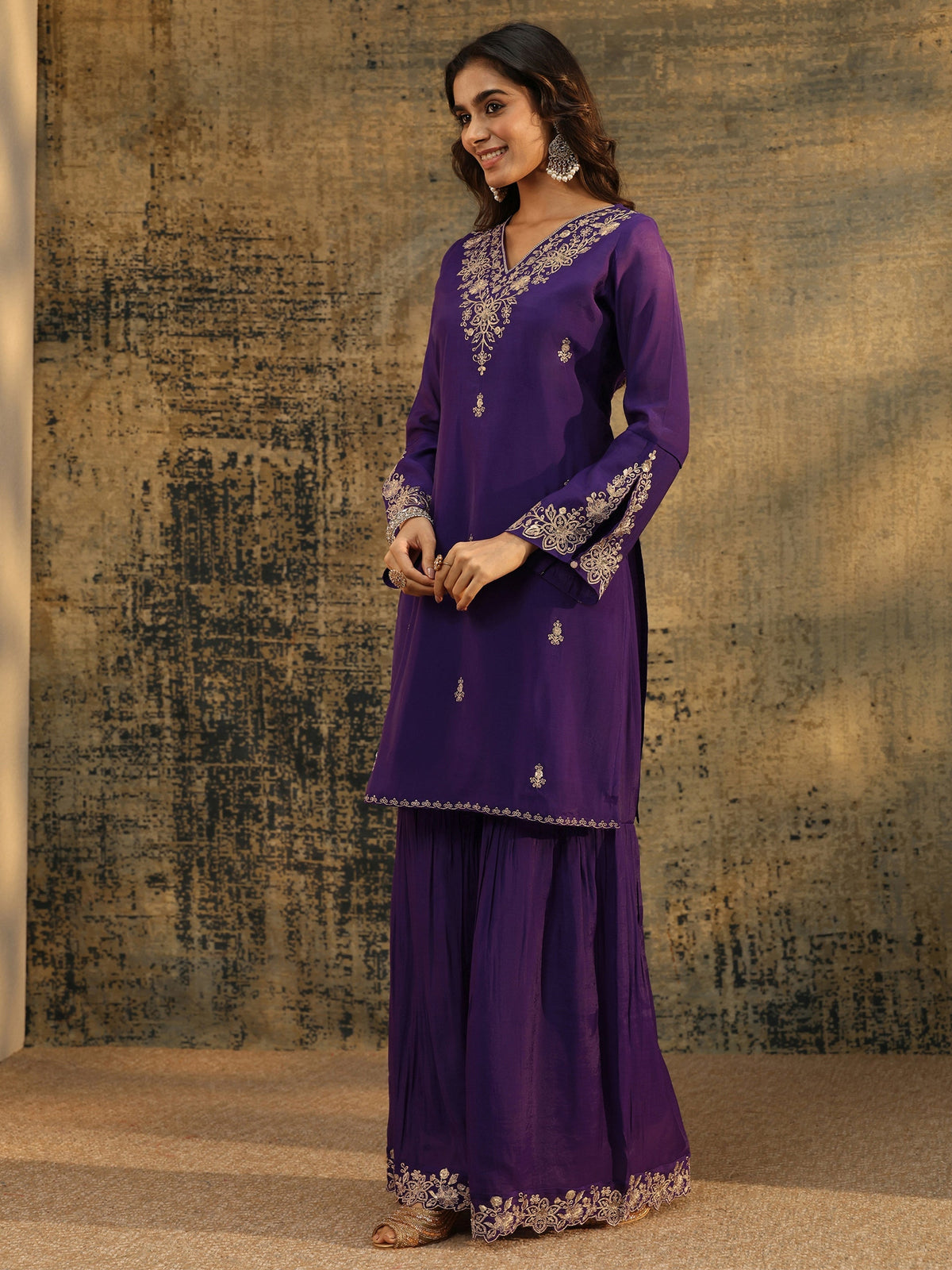 Anouk Aubergine Purple Floral Embroidered Chanderi Cotton Palazzo Suit Set