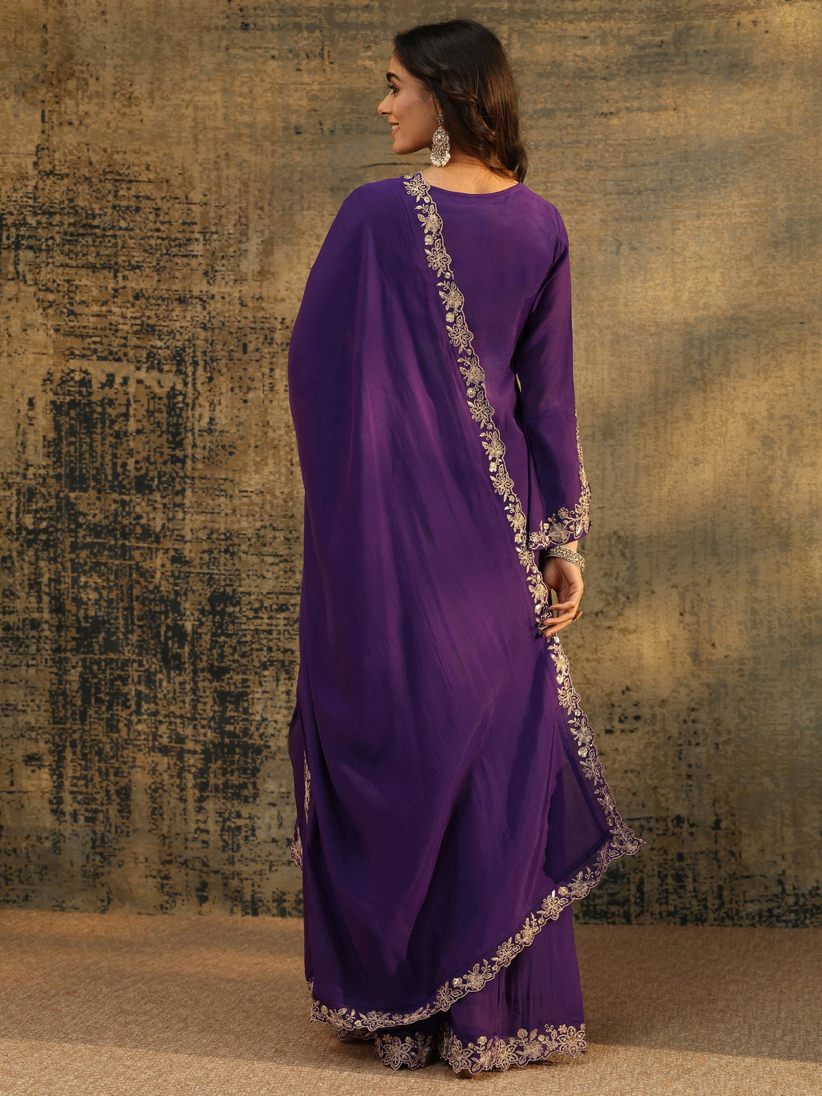Anouk Aubergine Purple Floral Embroidered Chanderi Cotton Palazzo Suit Set