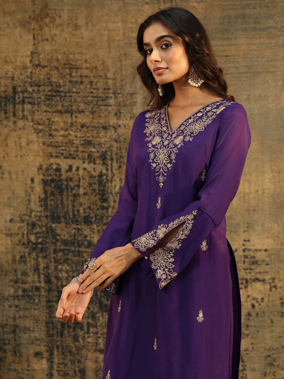 Anouk Aubergine Purple Floral Embroidered Chanderi Cotton Palazzo Suit Set