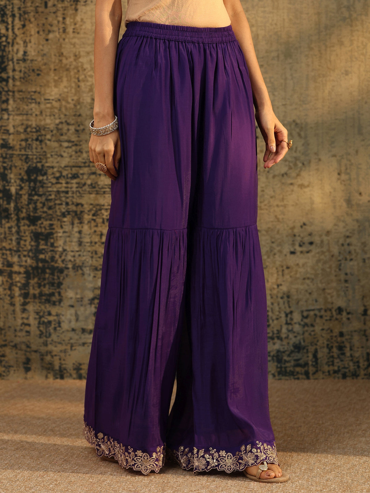 Anouk Aubergine Purple Floral Embroidered Chanderi Cotton Palazzo Suit Set