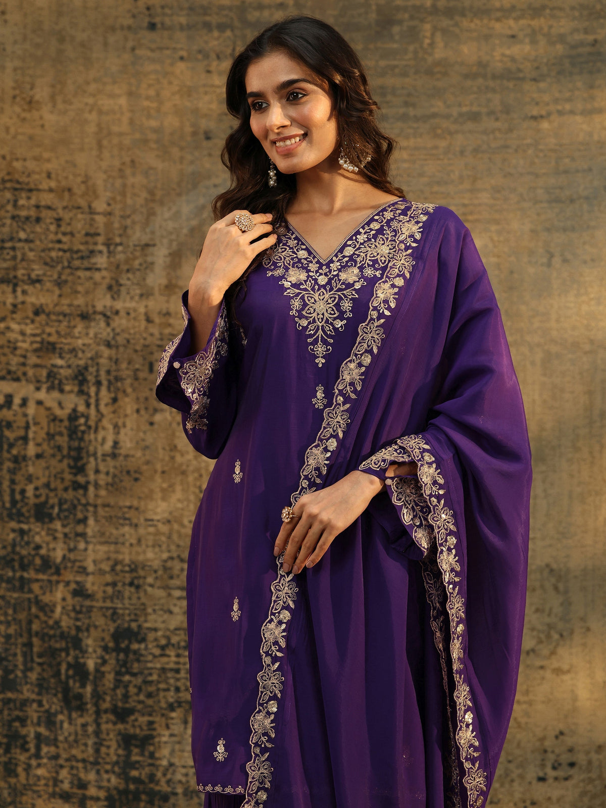 Anouk Aubergine Purple Floral Embroidered Chanderi Cotton Palazzo Suit Set