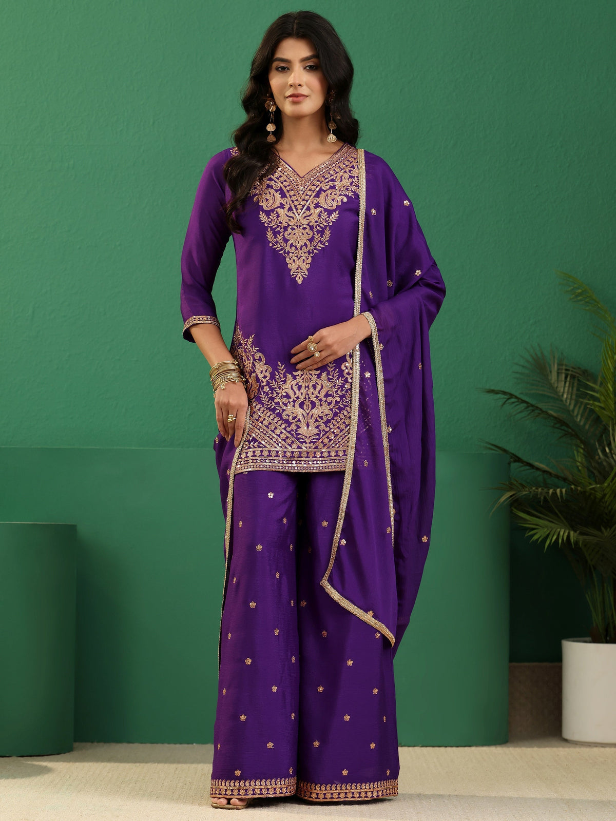 Anouk Violet Yoke Design Chinon Palazzo Suit Set