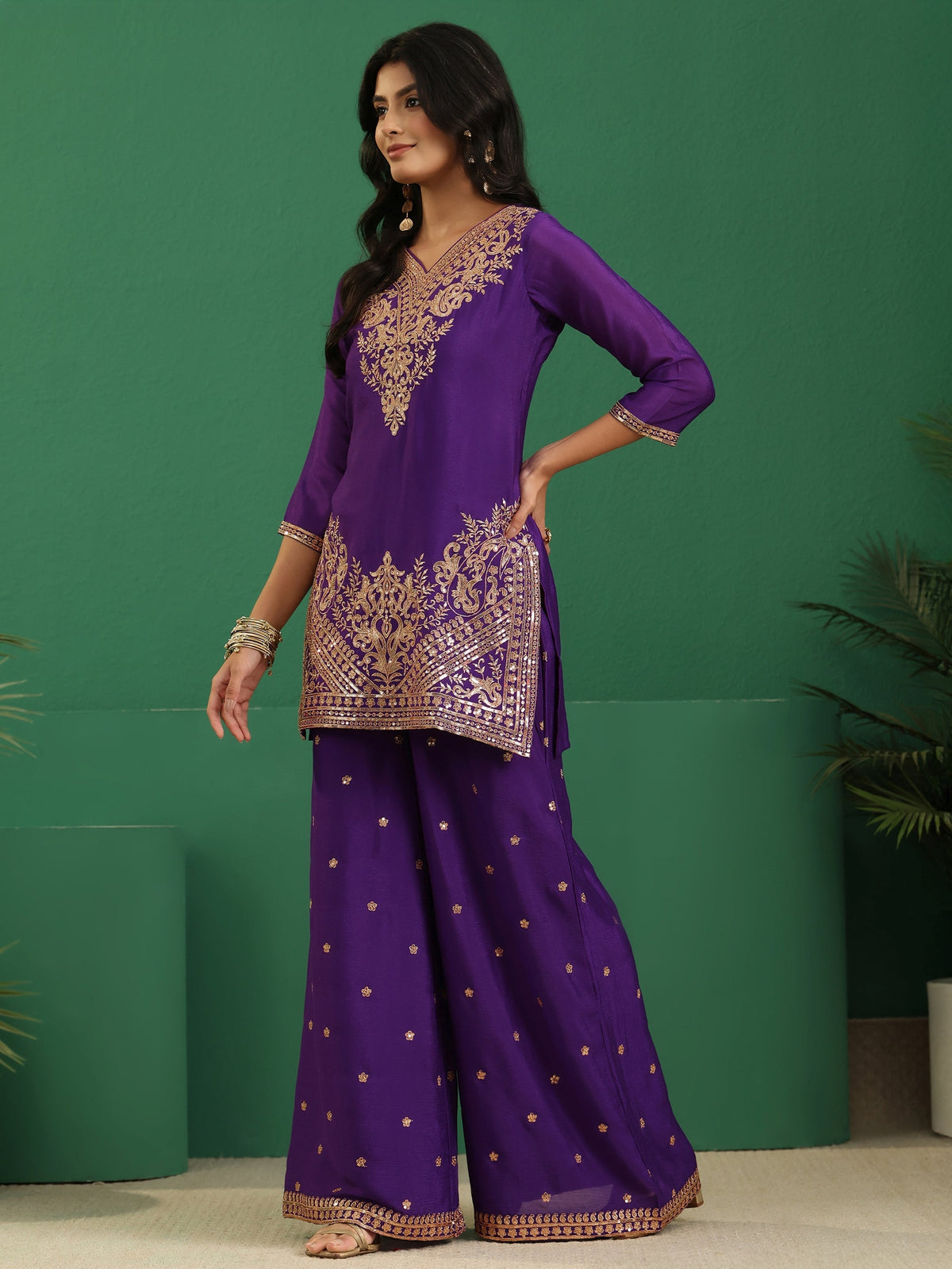 Anouk Violet Yoke Design Chinon Palazzo Suit Set