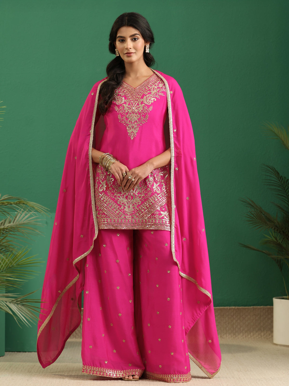 Anouk Hot Pink Yoke Design Chinon Palazzo Suit Set