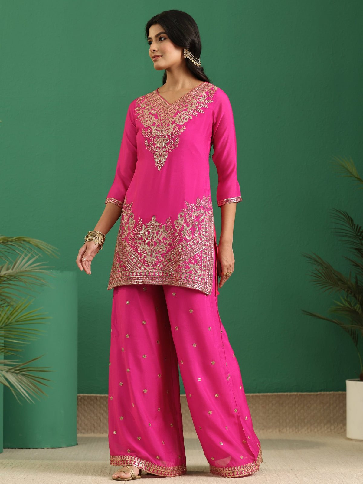Anouk Hot Pink Yoke Design Chinon Palazzo Suit Set