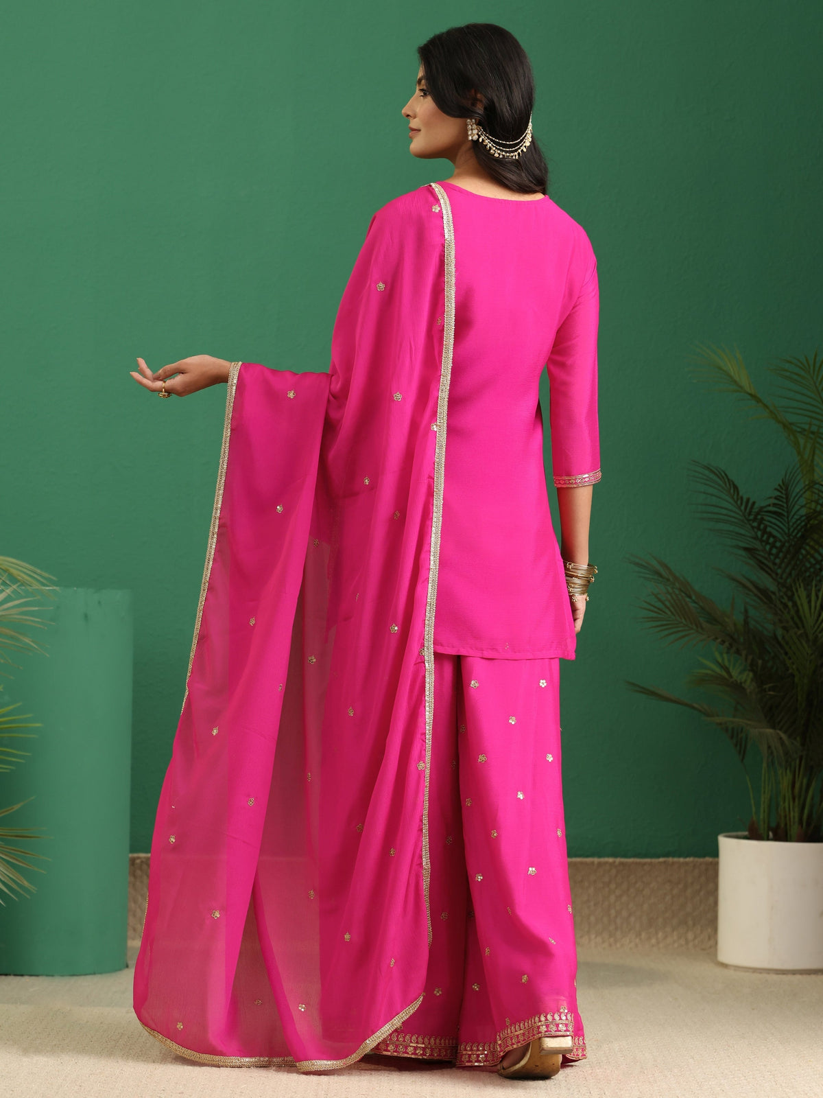 Anouk Hot Pink Yoke Design Chinon Palazzo Suit Set