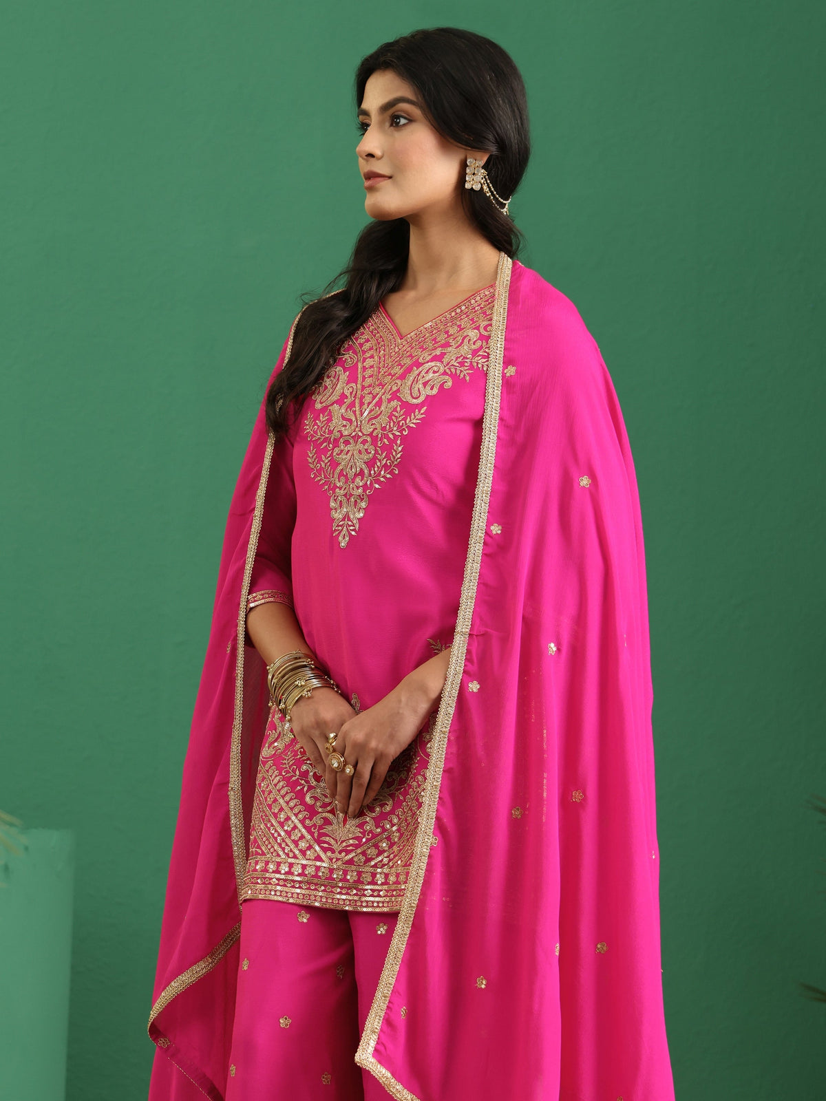 Anouk Hot Pink Yoke Design Chinon Palazzo Suit Set