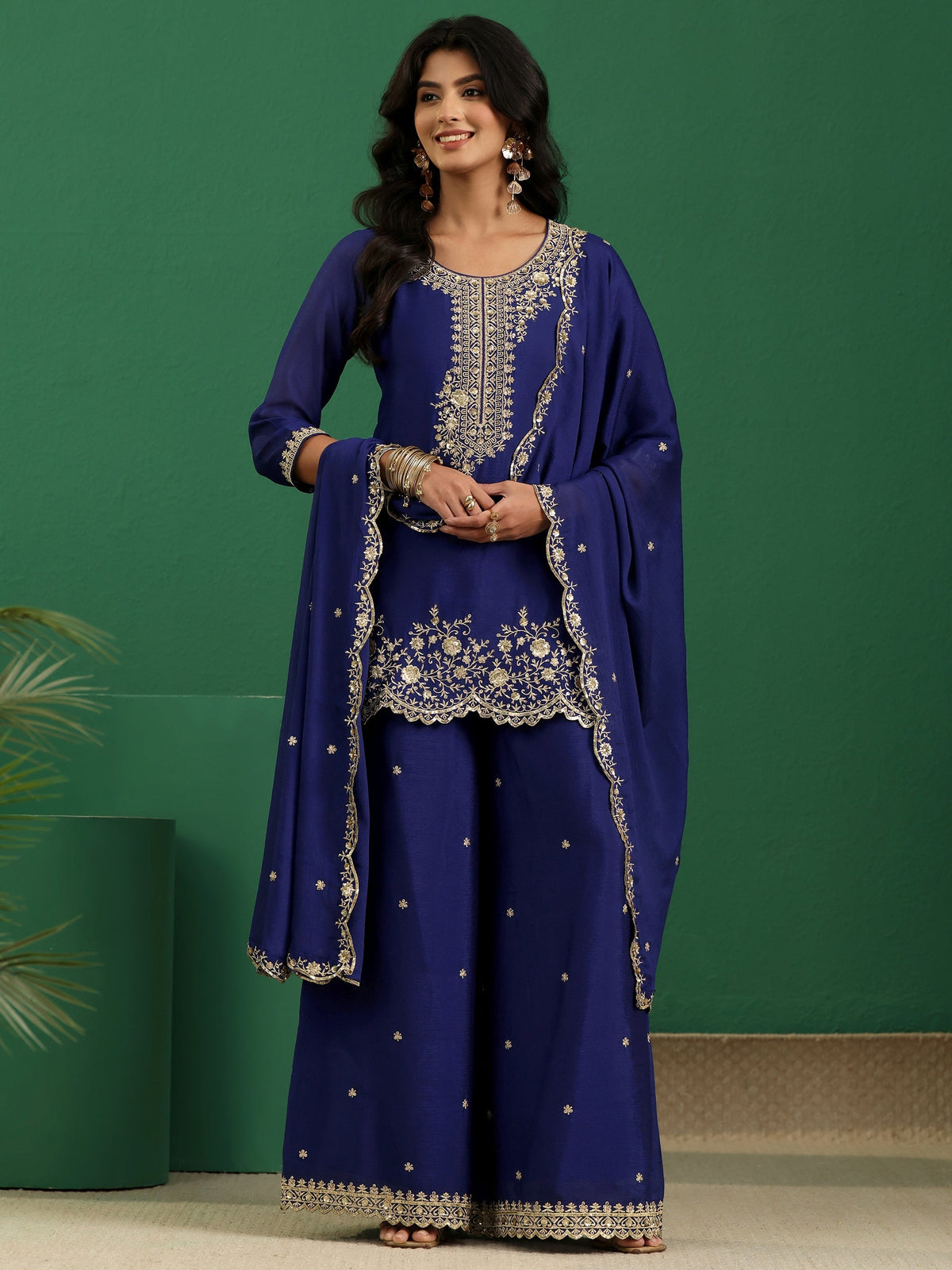 Anouk Royal Blue Floral Embellished Chinon Palazzo Suit Set