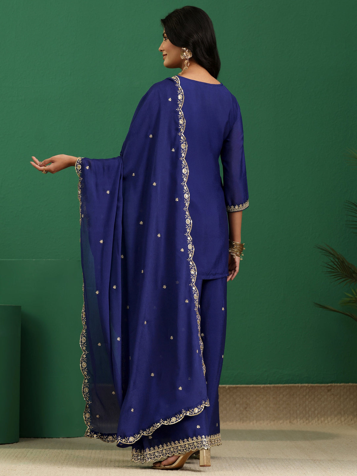 Anouk Royal Blue Floral Embellished Chinon Palazzo Suit Set