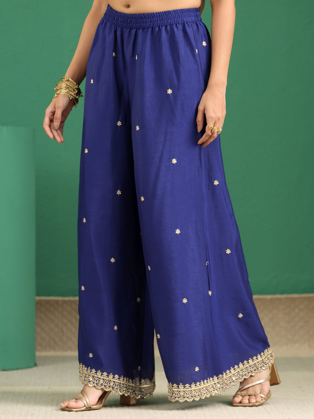 Anouk Royal Blue Floral Embellished Chinon Palazzo Suit Set