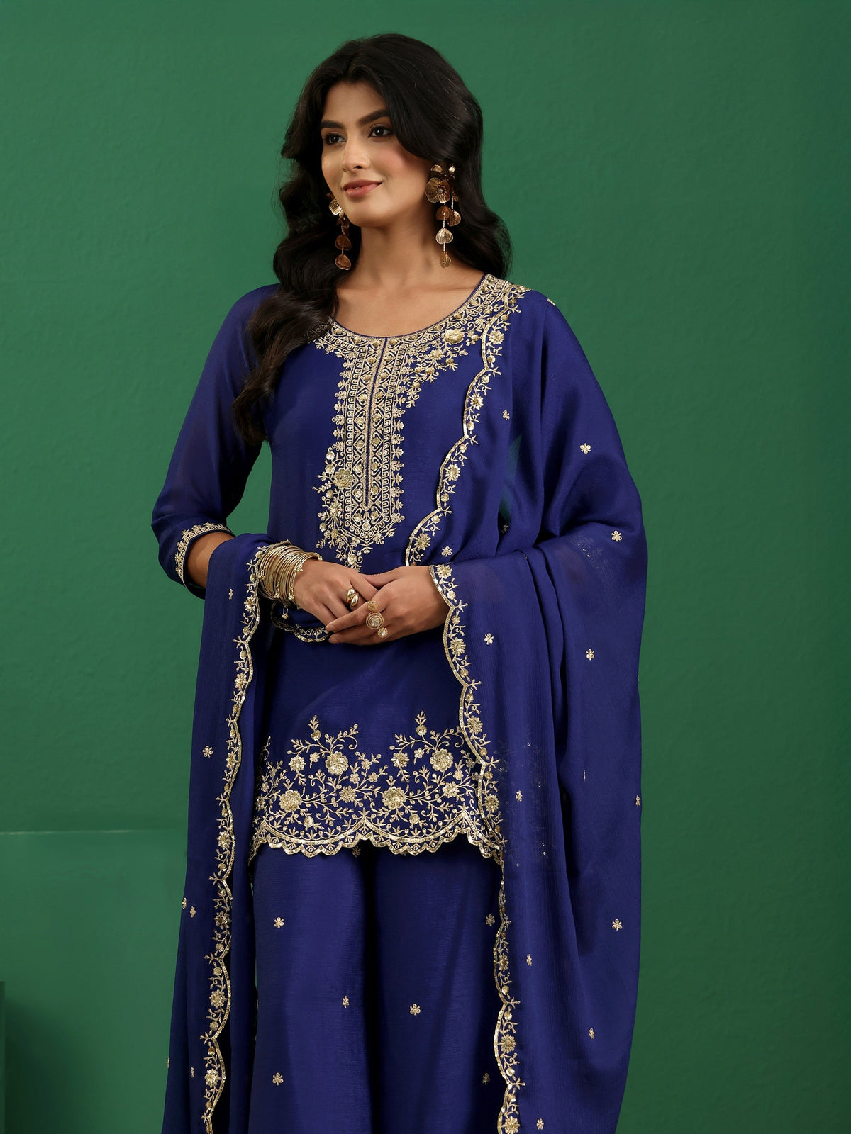 Anouk Royal Blue Floral Embellished Chinon Palazzo Suit Set