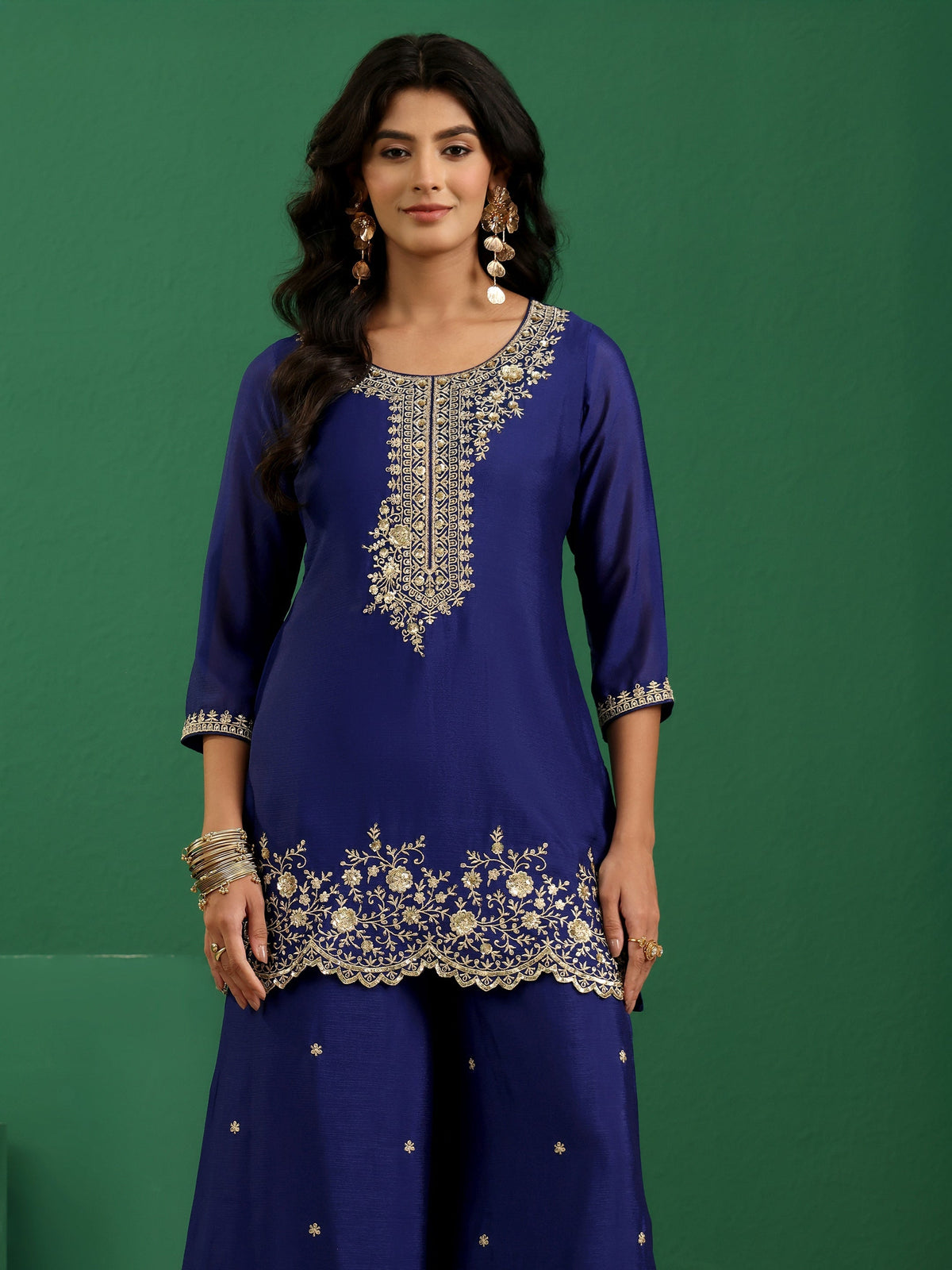 Anouk Royal Blue Floral Embellished Chinon Palazzo Suit Set