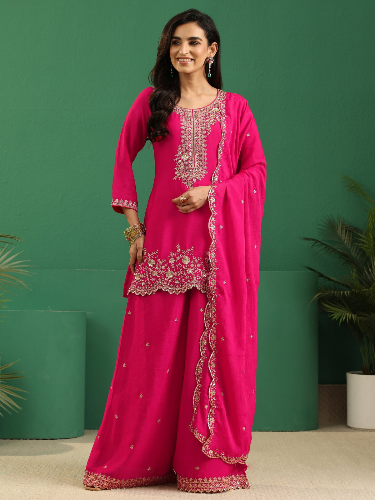 Anouk Fuchsia Pink Floral Embellished Chinon Palazzo Suit Set