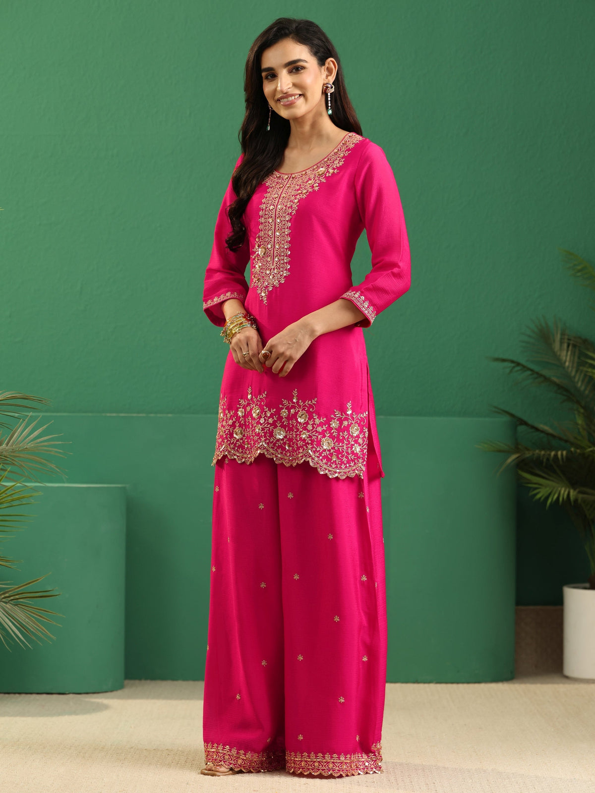 Anouk Fuchsia Pink Floral Embellished Chinon Palazzo Suit Set