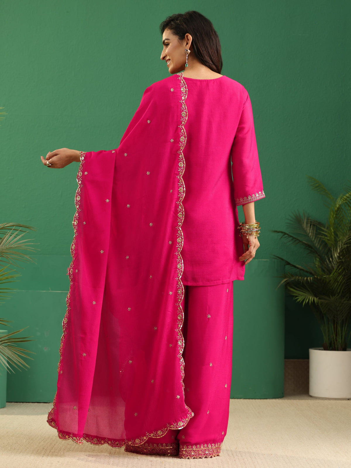 Anouk Fuchsia Pink Floral Embellished Chinon Palazzo Suit Set