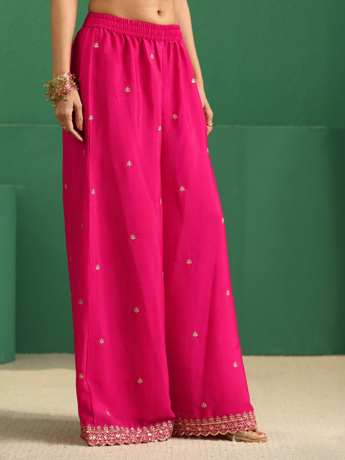 Anouk Fuchsia Pink Floral Embellished Chinon Palazzo Suit Set