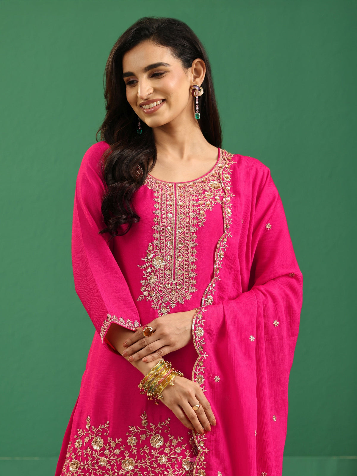 Anouk Fuchsia Pink Floral Embellished Chinon Palazzo Suit Set