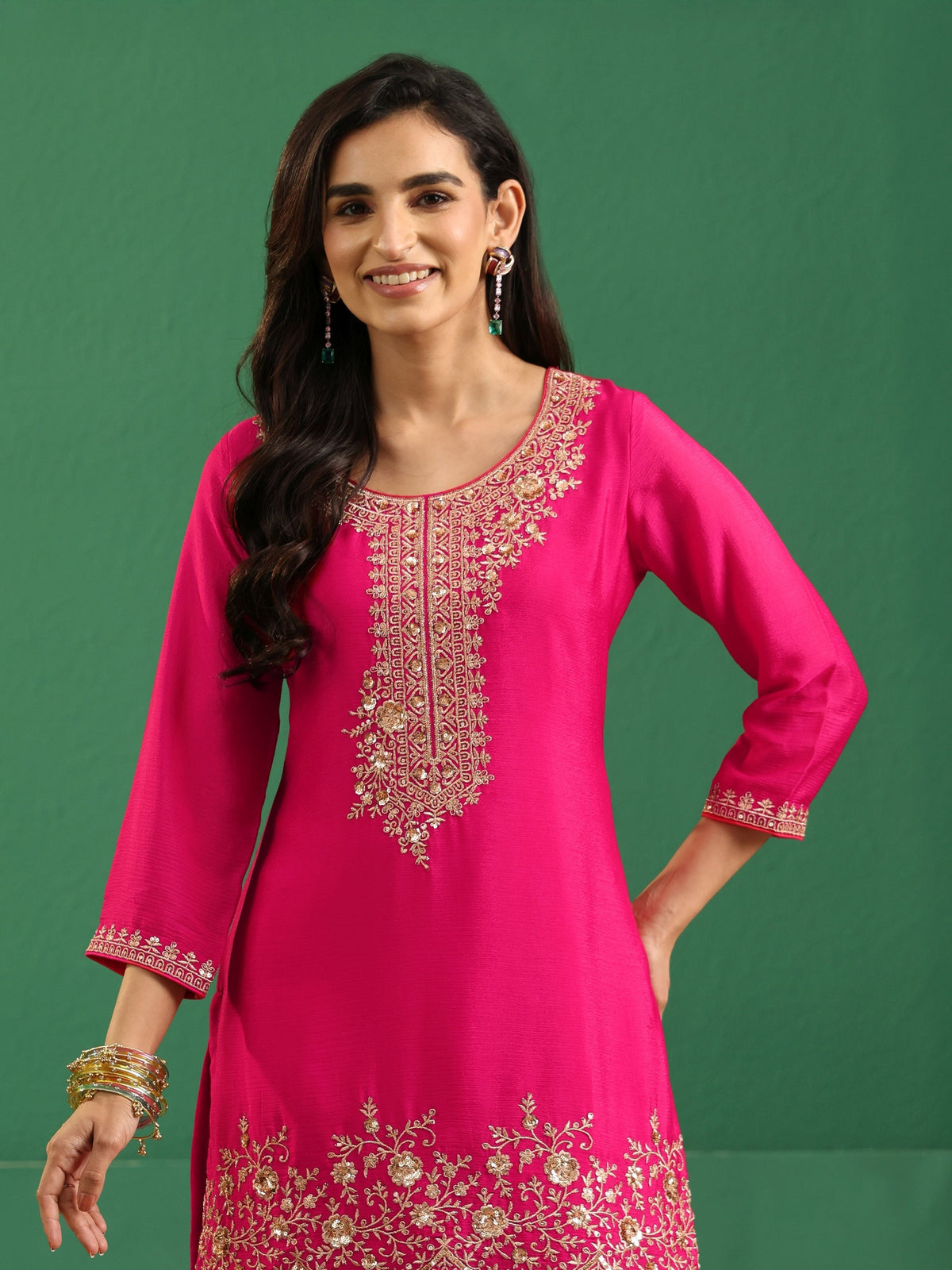 Anouk Fuchsia Pink Floral Embellished Chinon Palazzo Suit Set