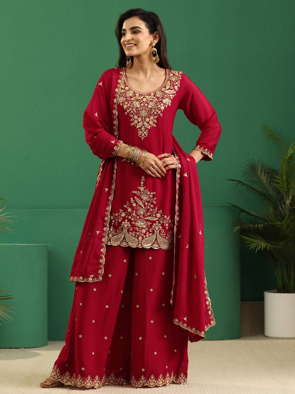 Anouk Crimson Red Paisley Embellished Chinon Palazzo Suit Set