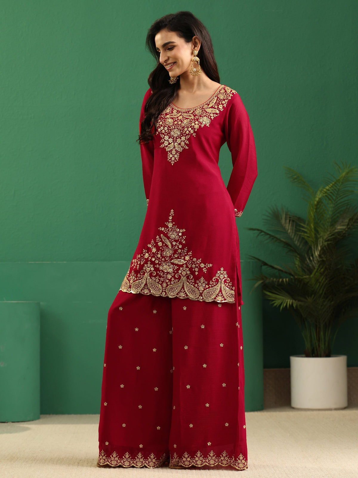 Anouk Crimson Red Paisley Embellished Chinon Palazzo Suit Set