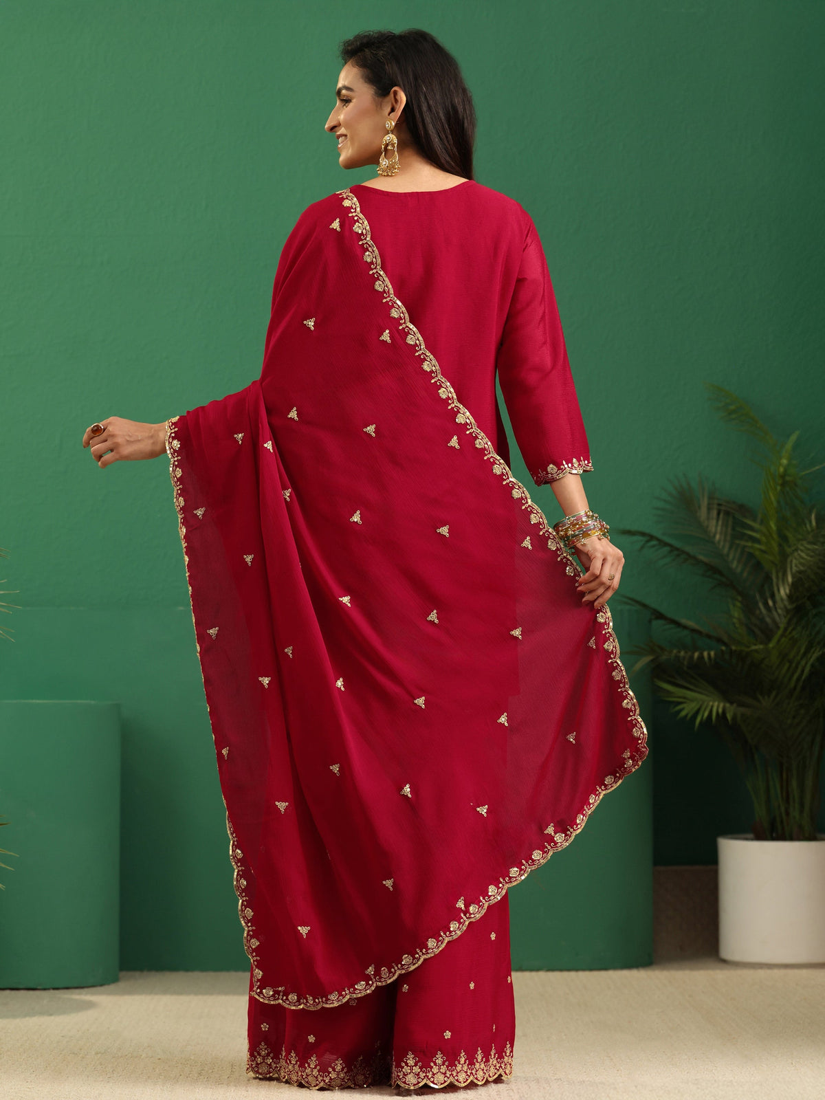 Anouk Crimson Red Paisley Embellished Chinon Palazzo Suit Set