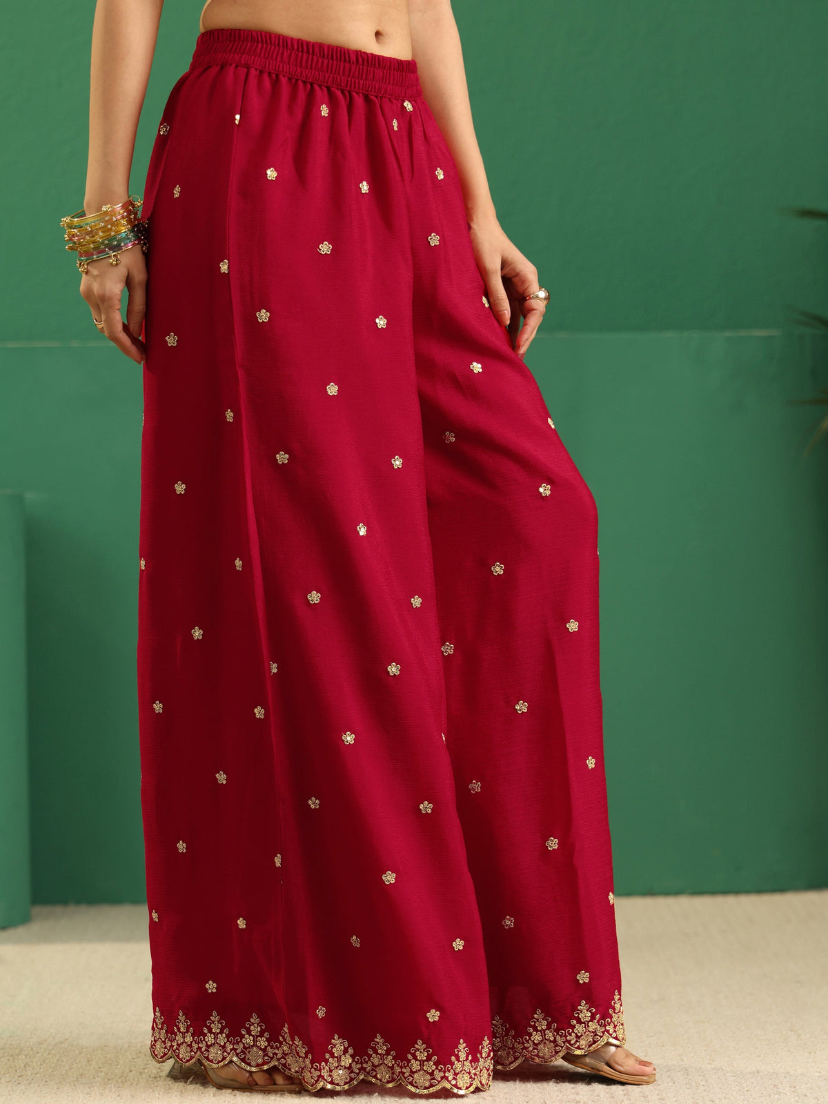 Anouk Crimson Red Paisley Embellished Chinon Palazzo Suit Set