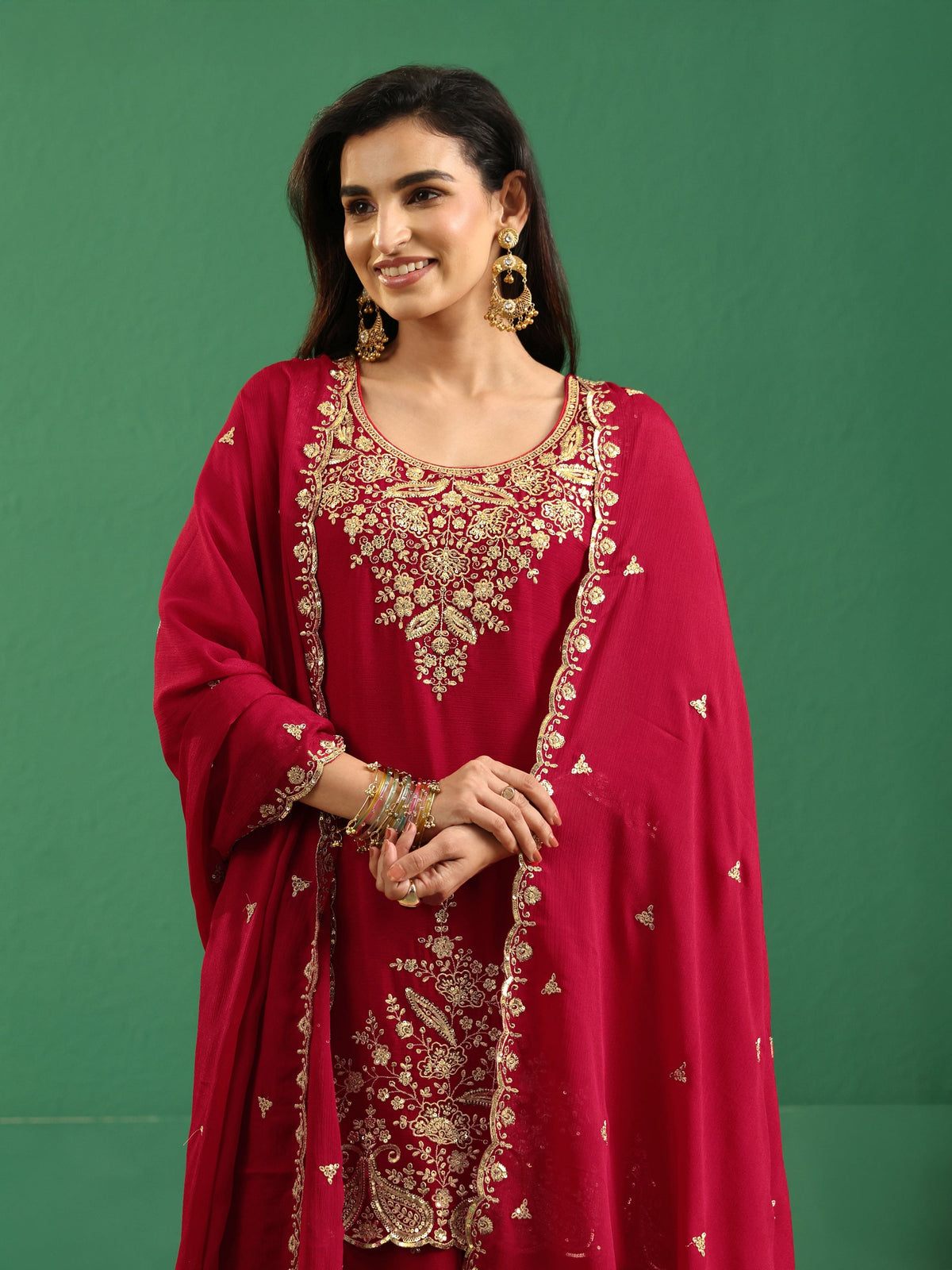 Anouk Crimson Red Paisley Embellished Chinon Palazzo Suit Set