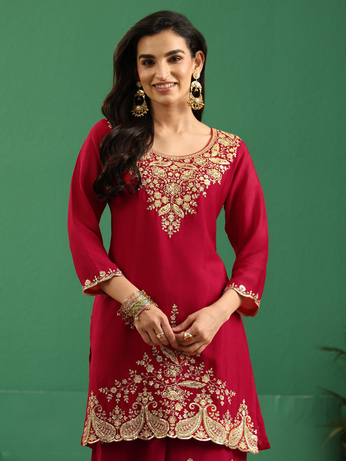 Anouk Crimson Red Paisley Embellished Chinon Palazzo Suit Set