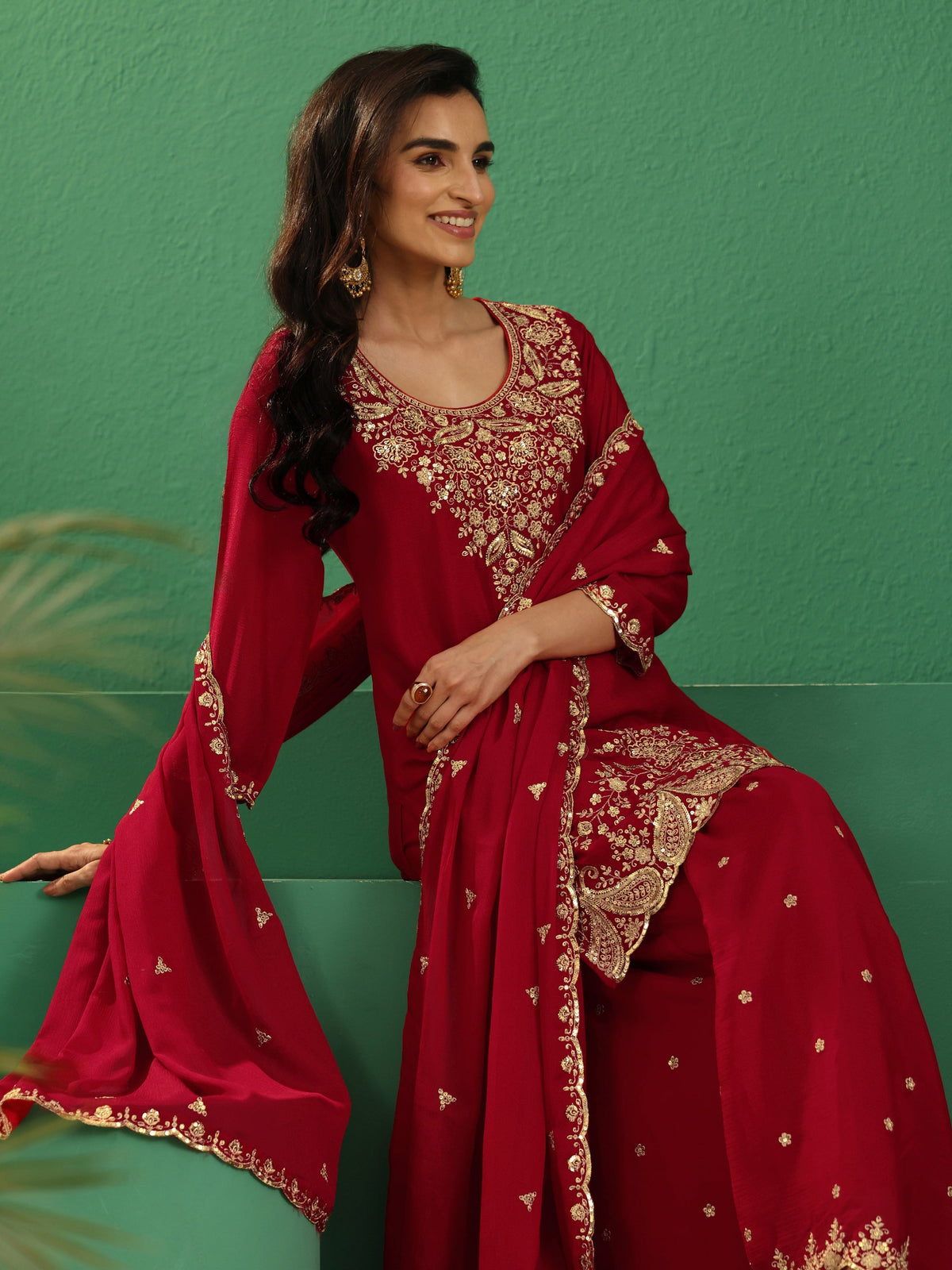 Anouk Crimson Red Paisley Embellished Chinon Palazzo Suit Set