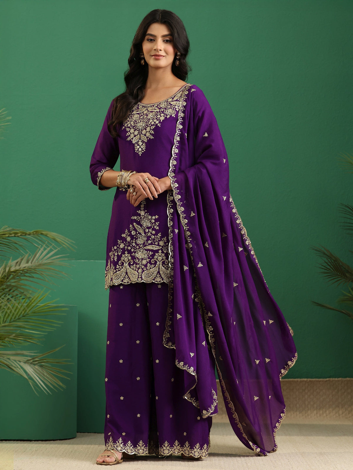 Anouk Imperial Purple Paisley Embellished Chinon Palazzo Suit Set