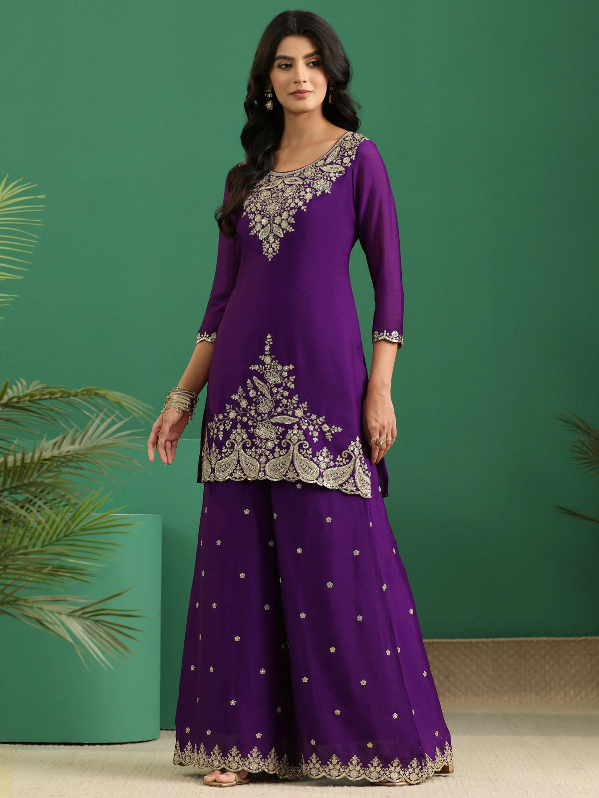 Anouk Imperial Purple Paisley Embellished Chinon Palazzo Suit Set