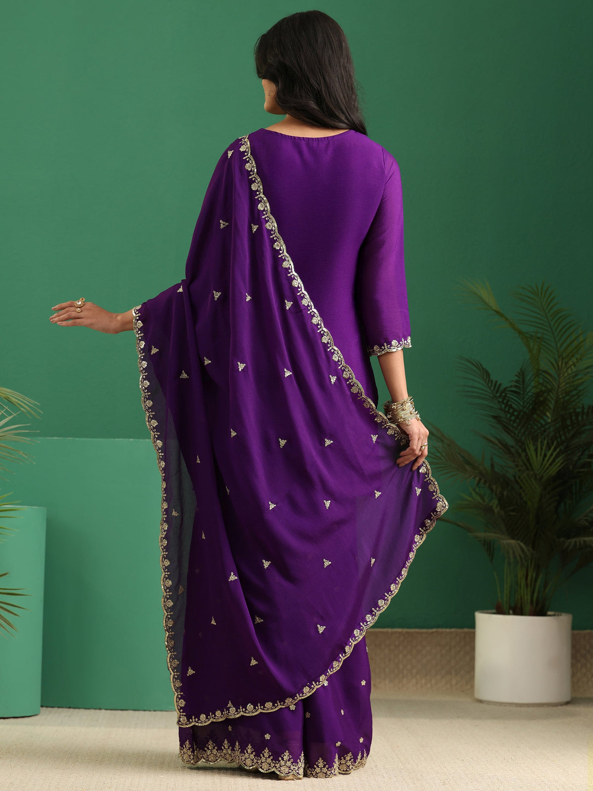 Anouk Imperial Purple Paisley Embellished Chinon Palazzo Suit Set