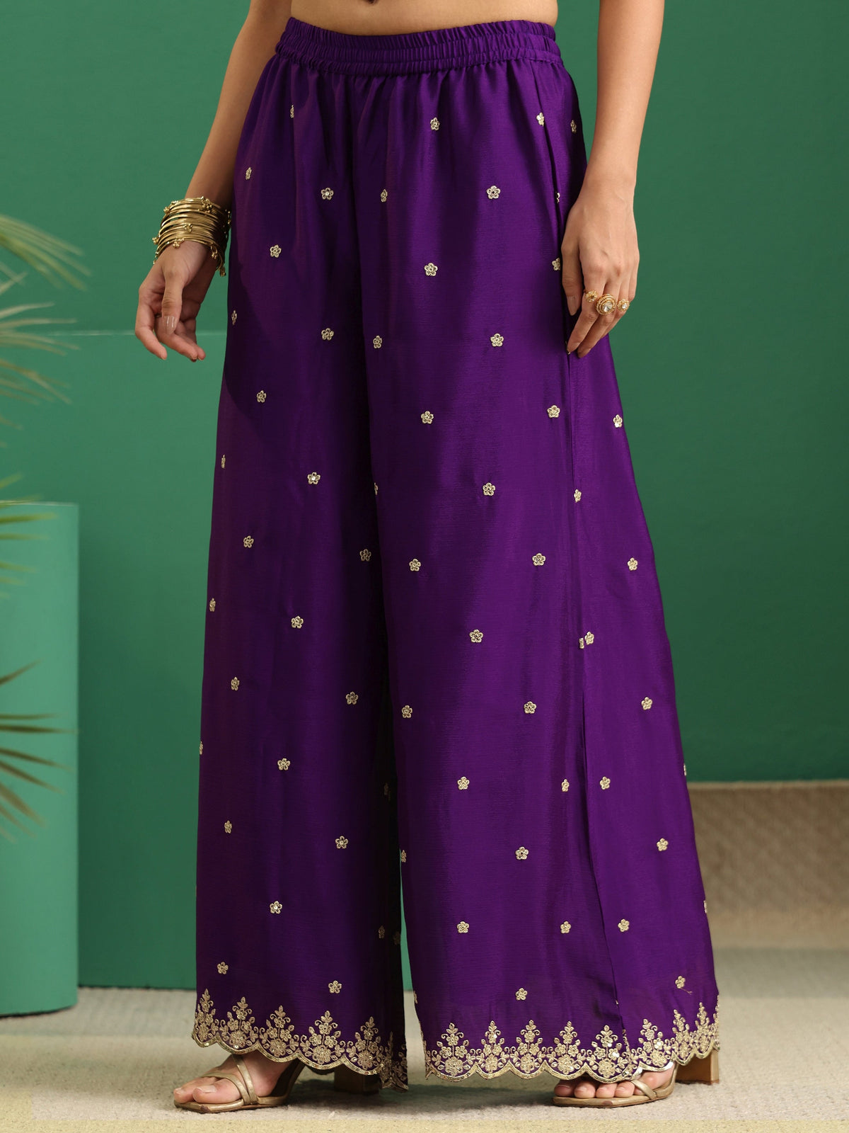 Anouk Imperial Purple Paisley Embellished Chinon Palazzo Suit Set