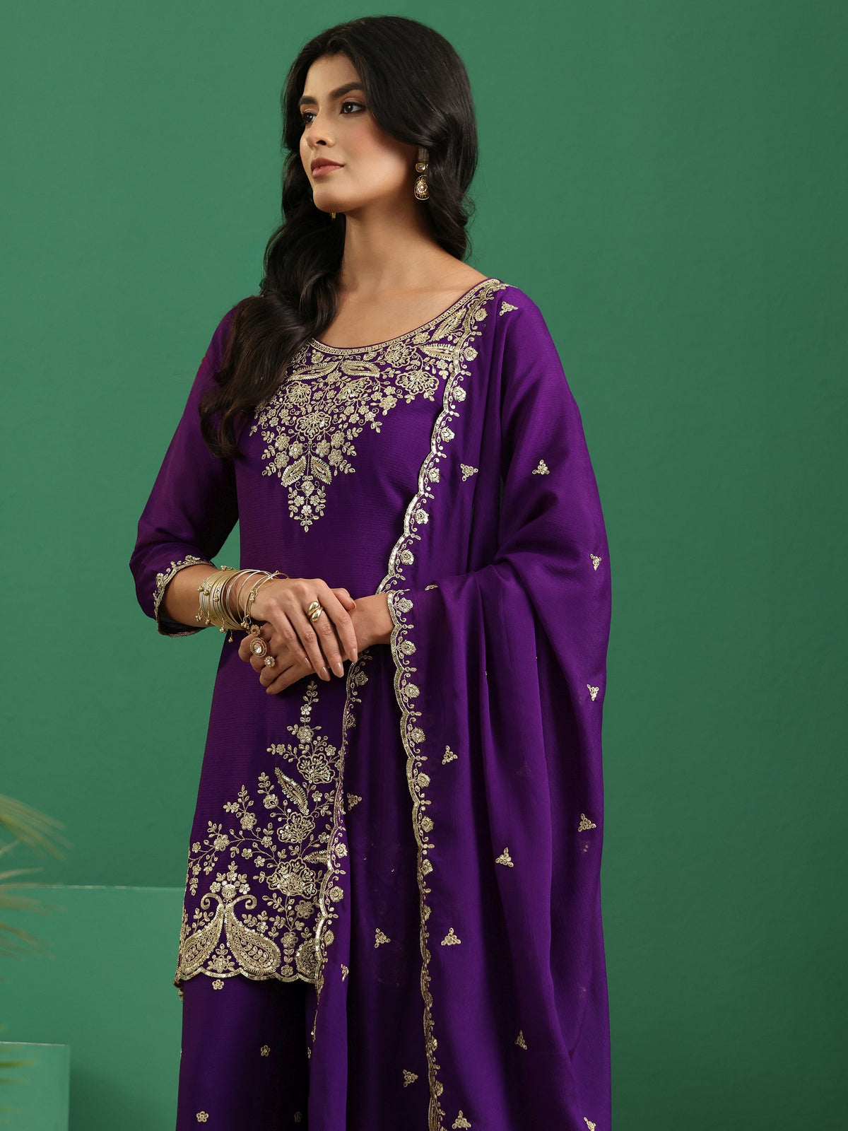 Anouk Imperial Purple Paisley Embellished Chinon Palazzo Suit Set