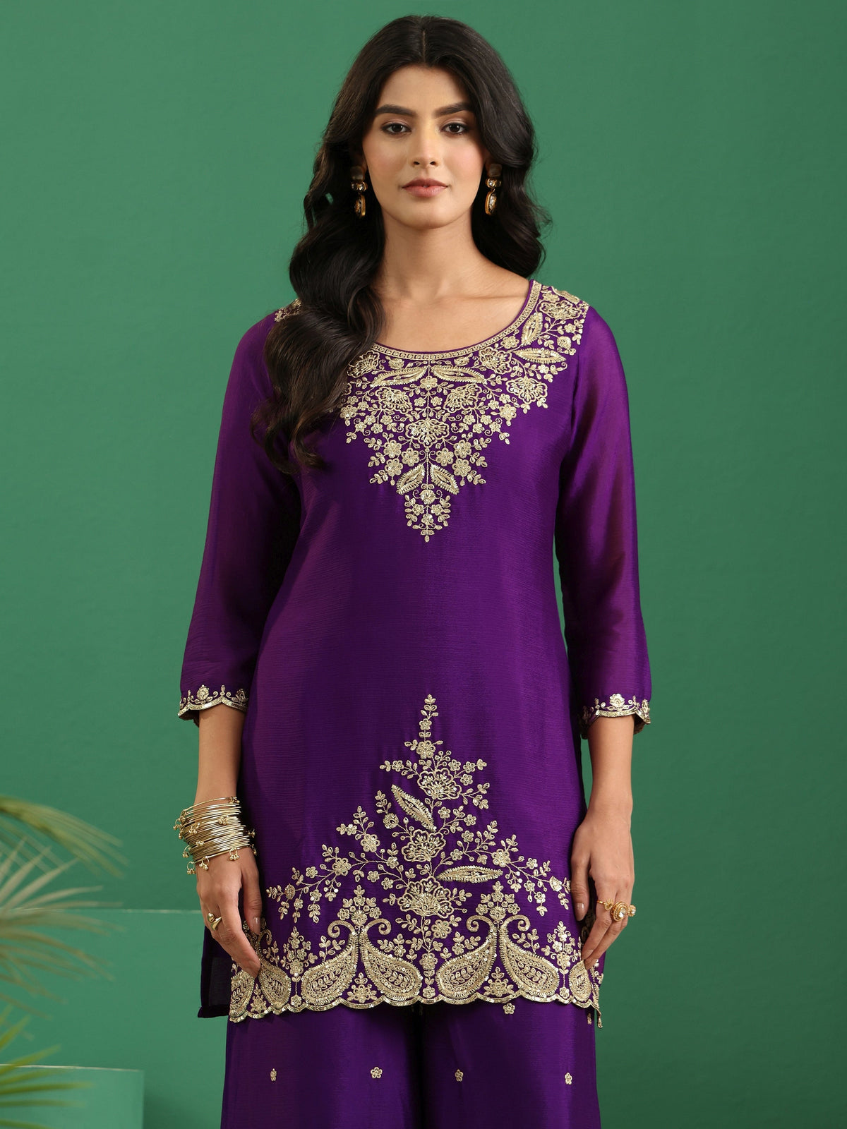 Anouk Imperial Purple Paisley Embellished Chinon Palazzo Suit Set