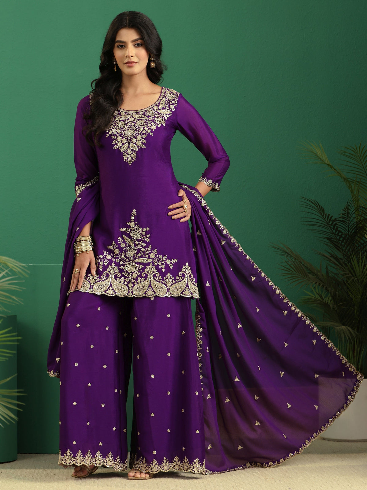 Anouk Imperial Purple Paisley Embellished Chinon Palazzo Suit Set