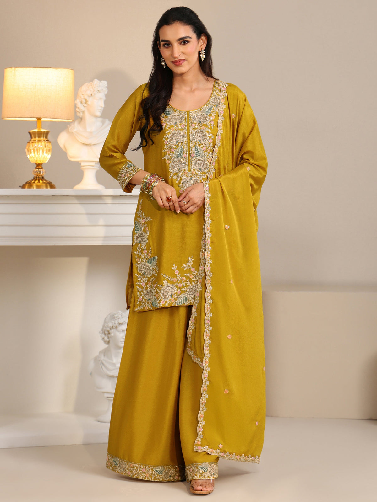 Anouk Mustard Floral Embroidered Chinon Straight Suit Set