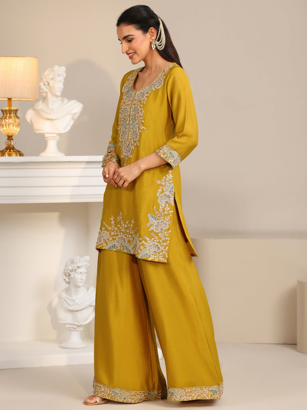Anouk Mustard Floral Embroidered Chinon Straight Suit Set