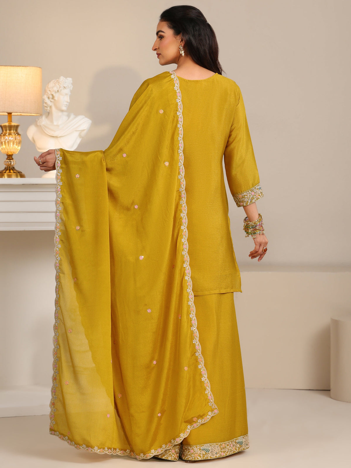 Anouk Mustard Floral Embroidered Chinon Straight Suit Set