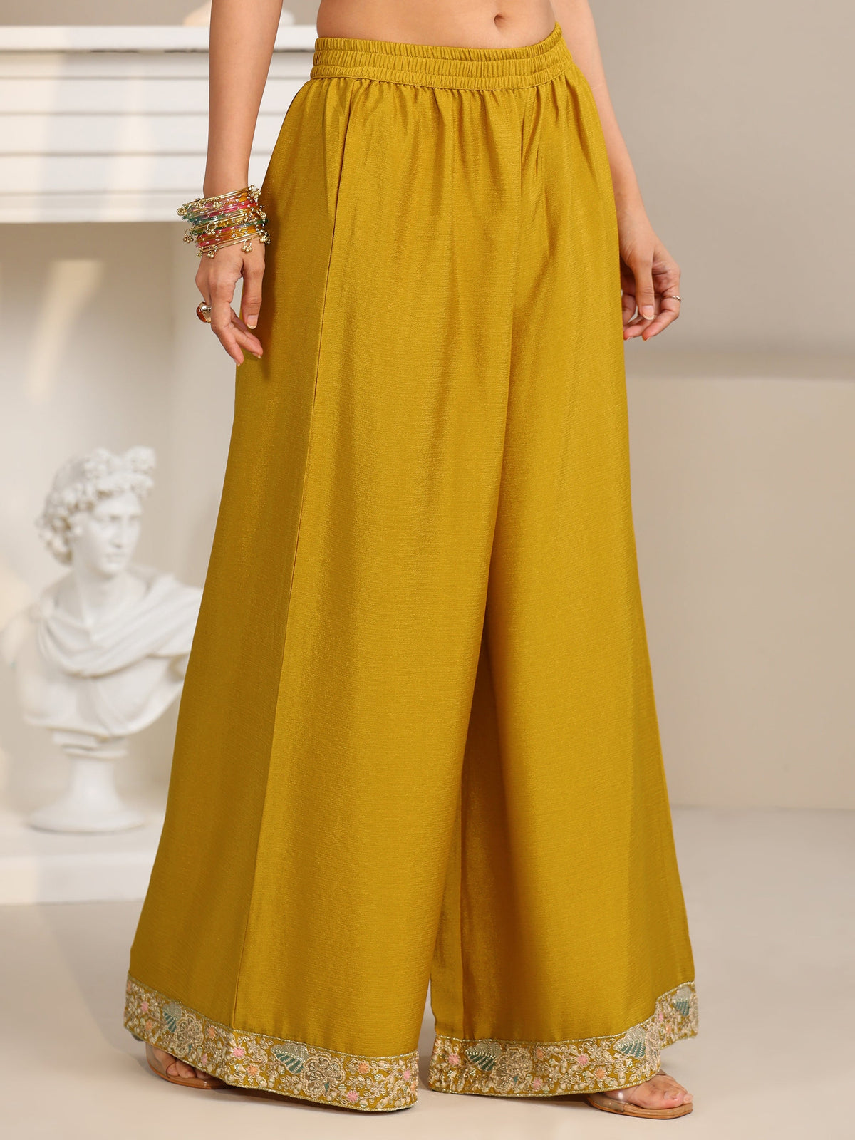 Anouk Mustard Floral Embroidered Chinon Straight Suit Set
