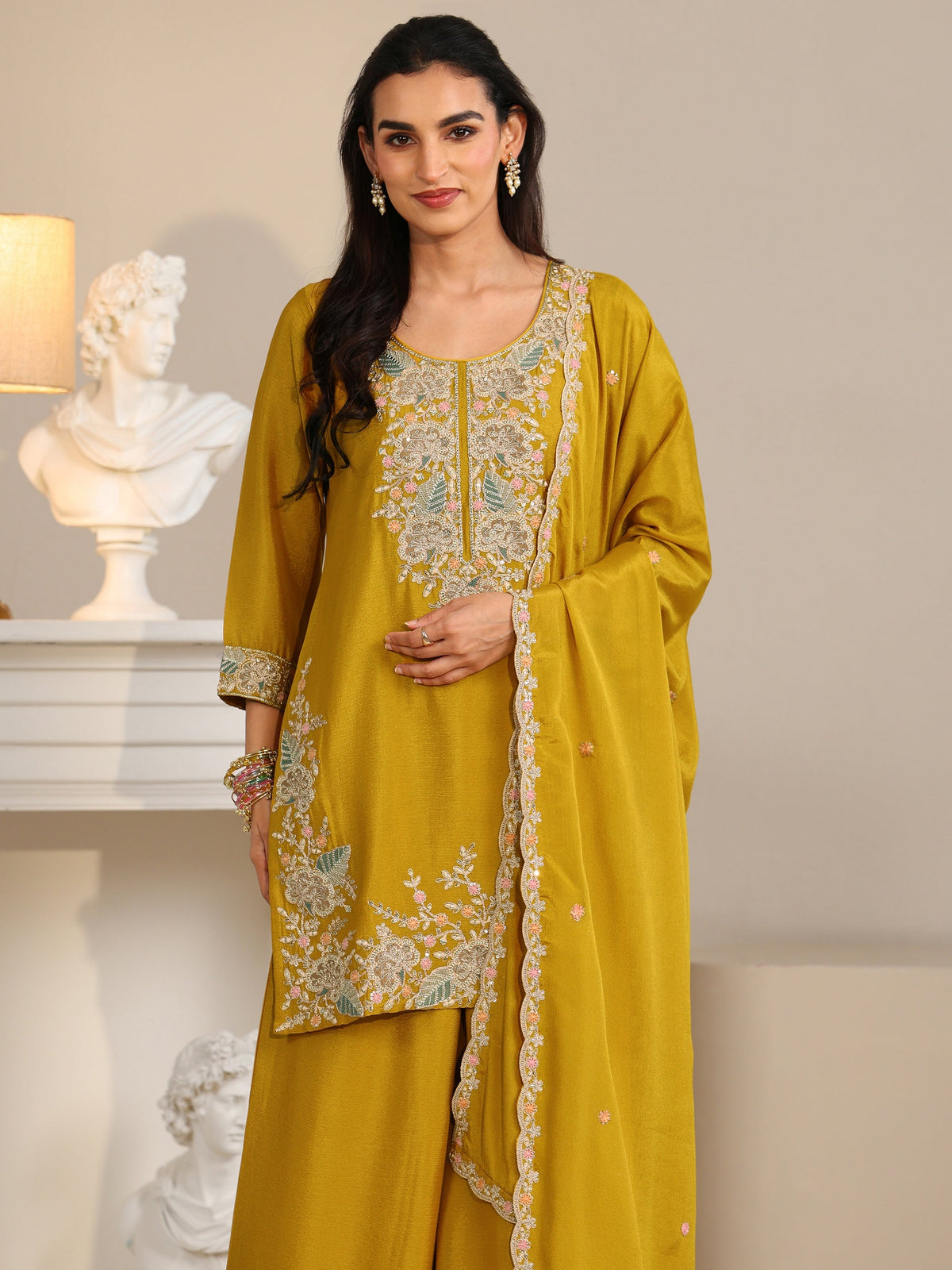 Anouk Mustard Floral Embroidered Chinon Straight Suit Set