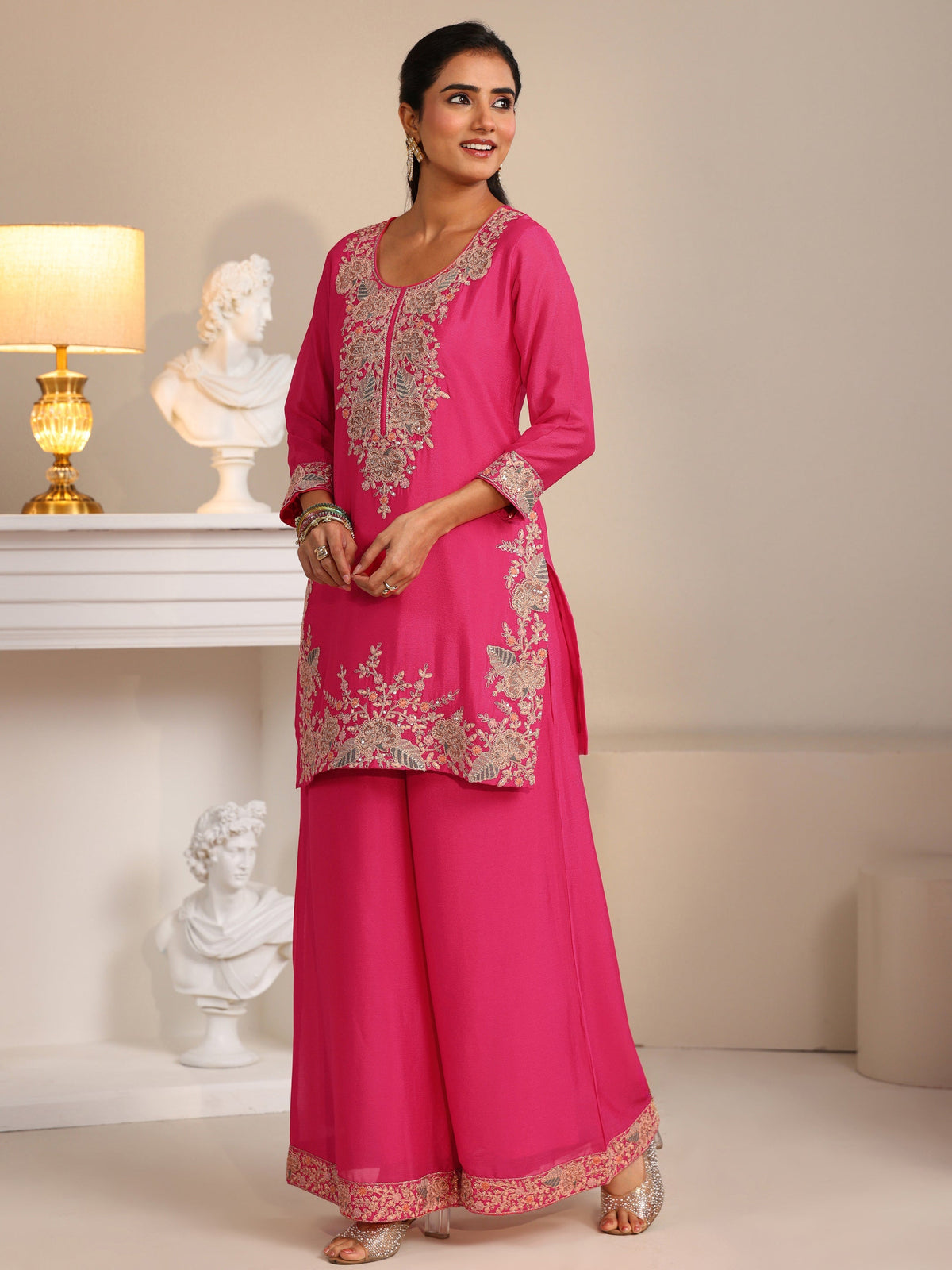 Anouk Fuchsia Pink Floral Embroidered Chinon Straight Suit Set