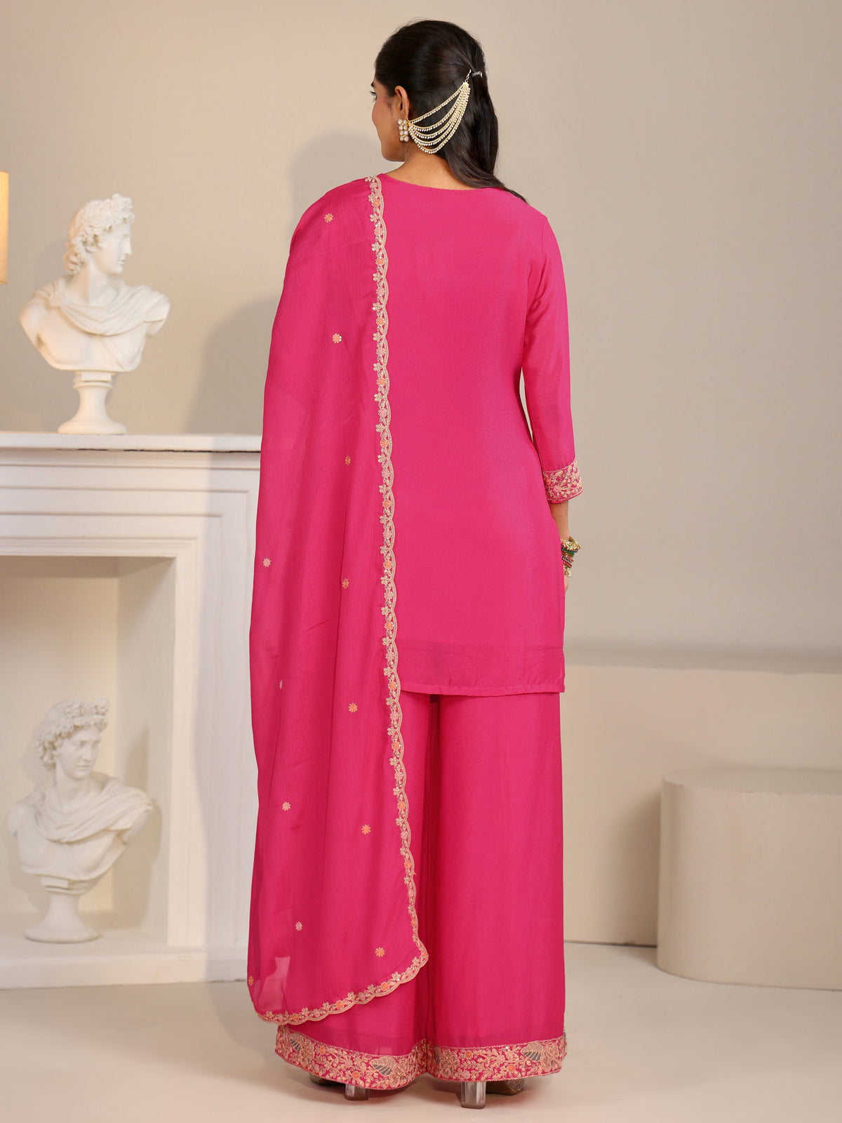 Anouk Fuchsia Pink Floral Embroidered Chinon Straight Suit Set