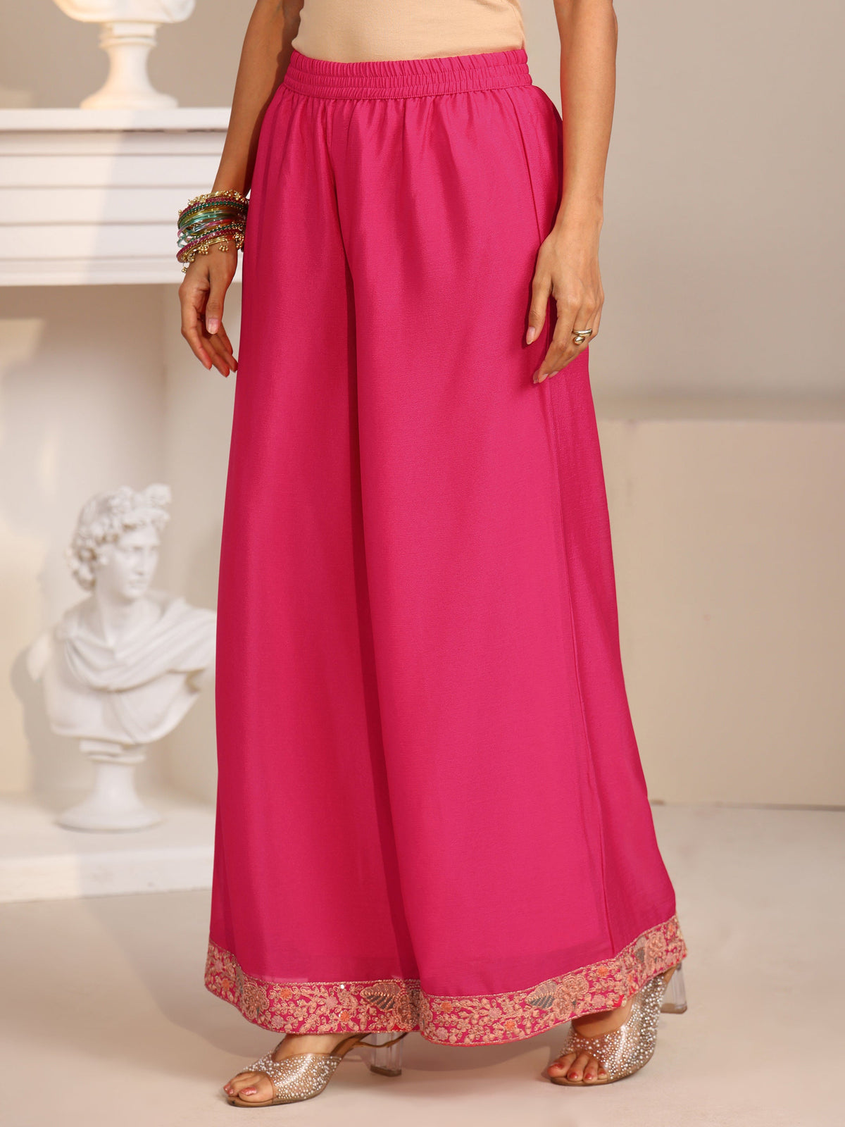 Anouk Fuchsia Pink Floral Embroidered Chinon Straight Suit Set